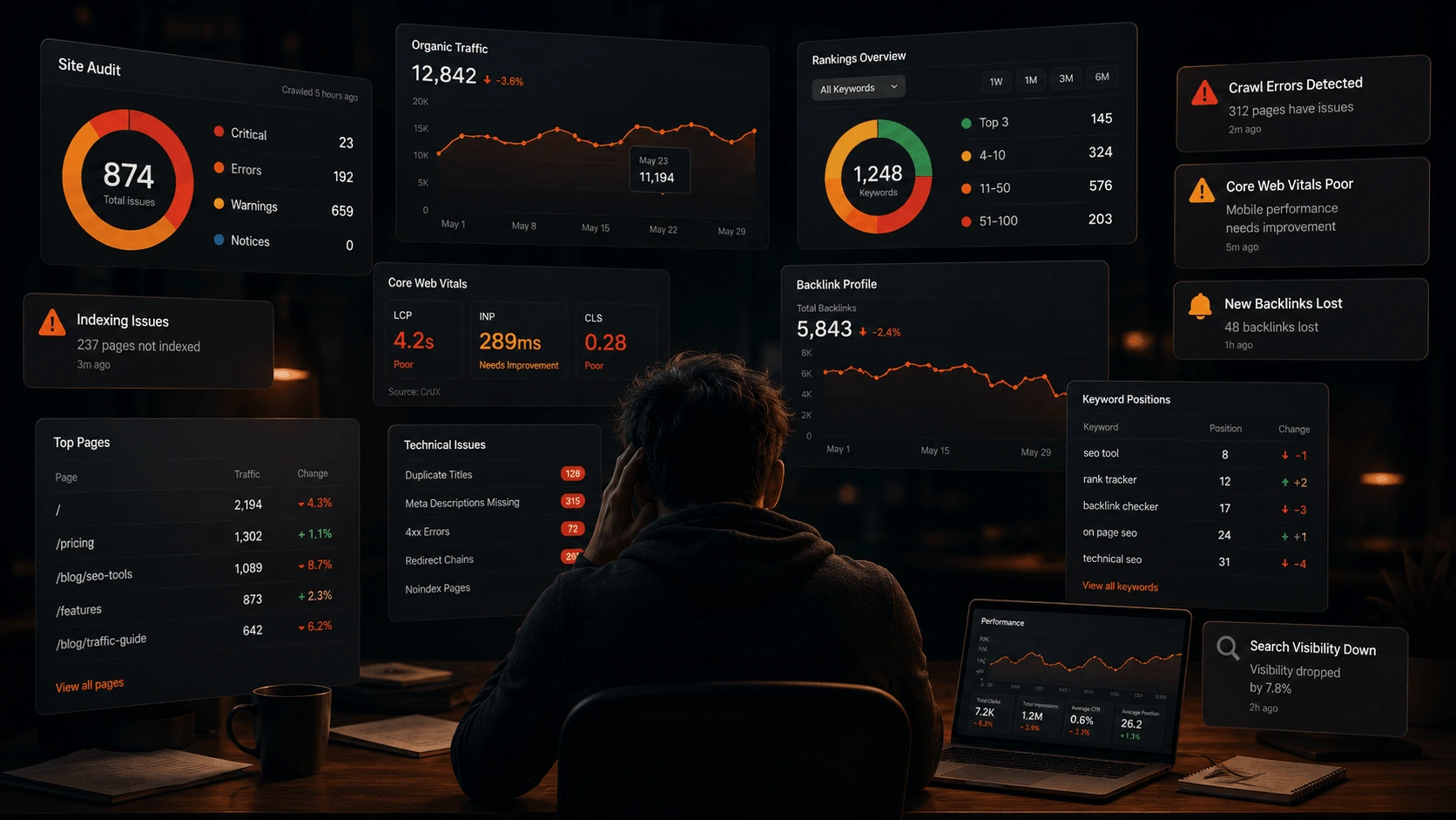 An overwhelmed founder surrounded by SEO tasks and browser tabs