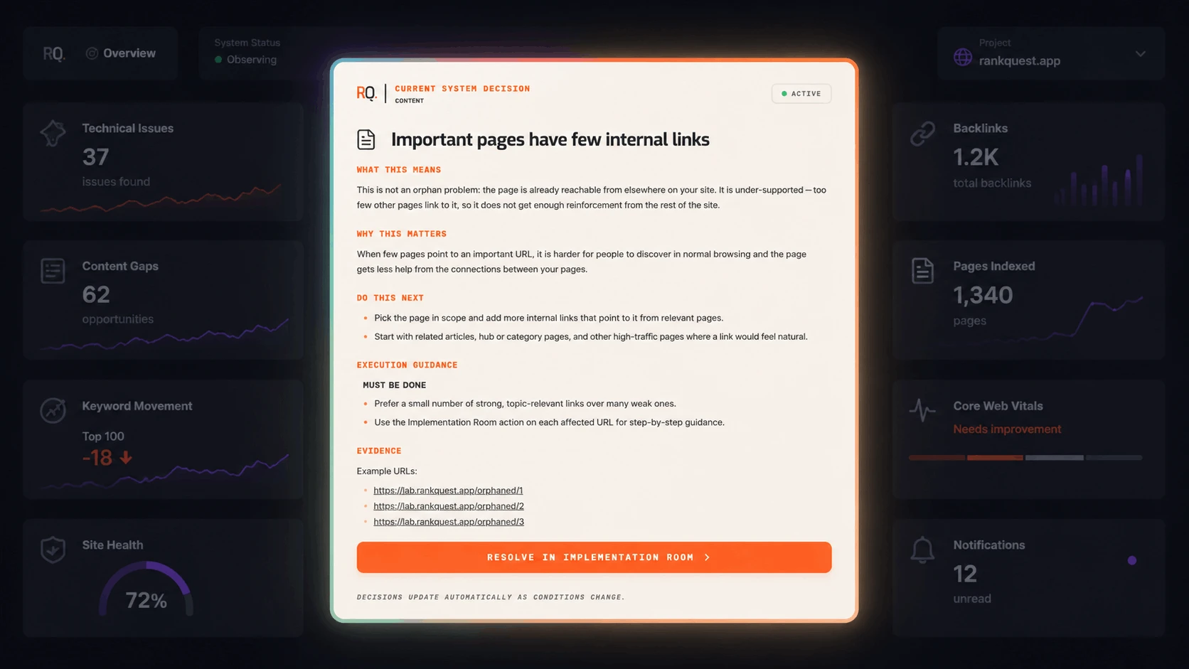 Minimal dark interface showing one active SEO decision card while surrounding noise fades into the background