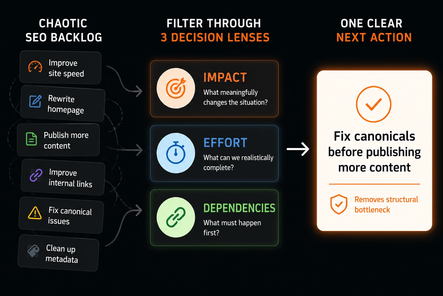 SEO task prioritization workflow showing competing tasks narrowed into one clear next action