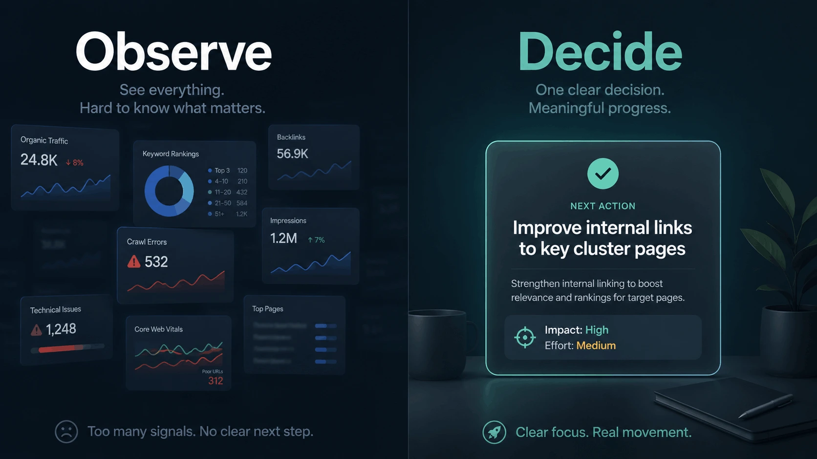 A split scene showing metrics on one side and calm focused execution on the other — observation versus action in SEO work