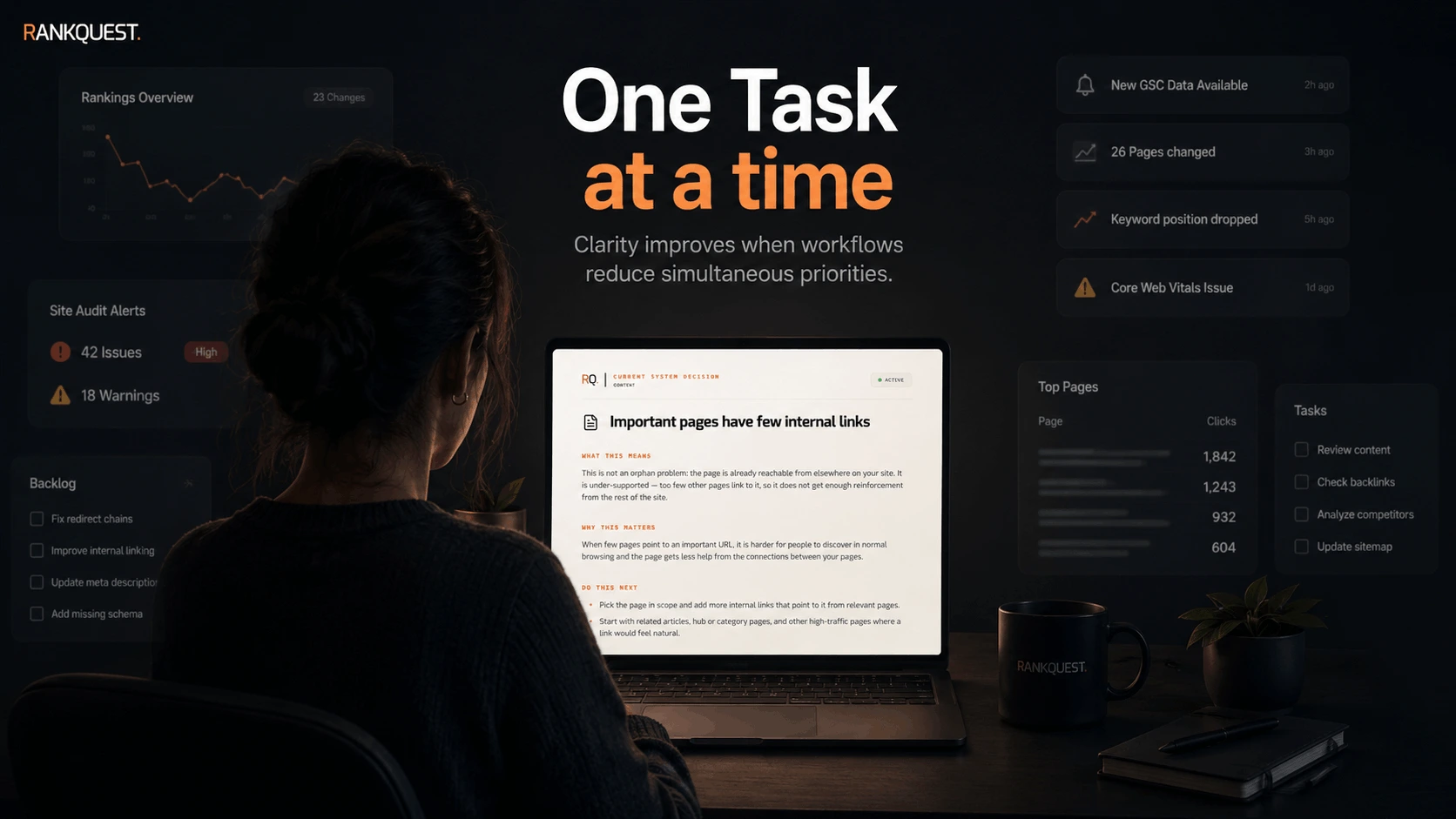 A calm workspace centered around one active SEO decision while surrounding noise fades away