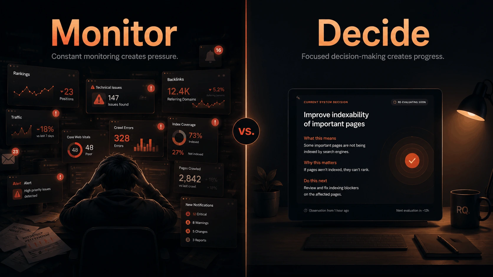 A split-screen showing chaotic metric monitoring versus a calm focused SEO workflow