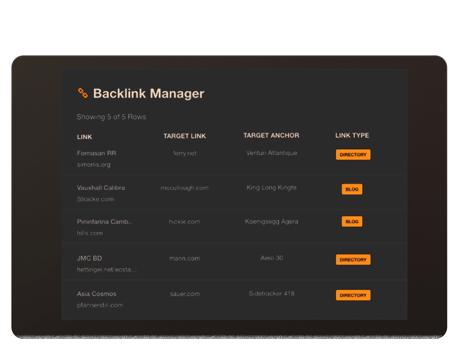 Backlinks tracking interface