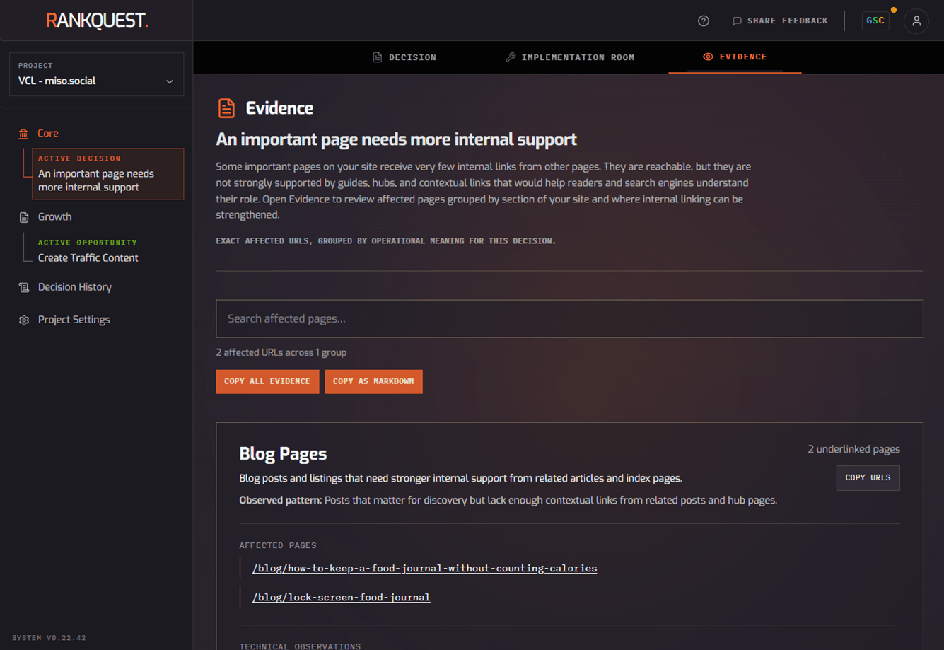 RankQuest SEO decision showing the recommended next action and supporting evidence