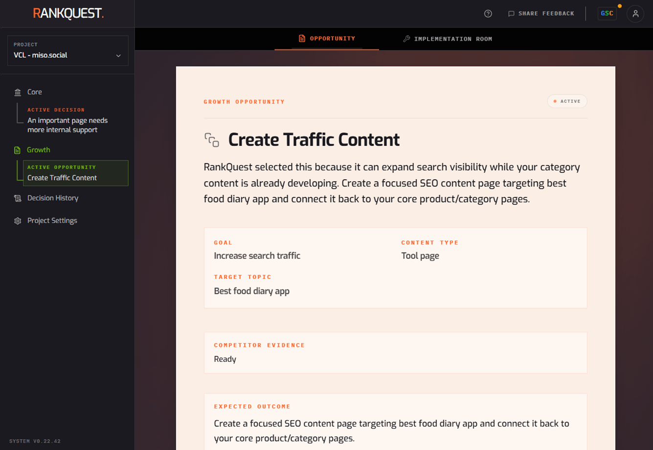 RankQuest Growth Engine showing a selected SEO content opportunity