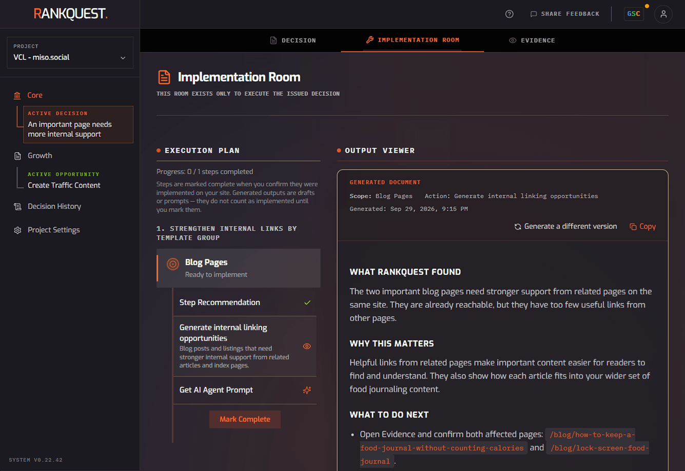 RankQuest Implementation Room turning an SEO decision into implementation instructions